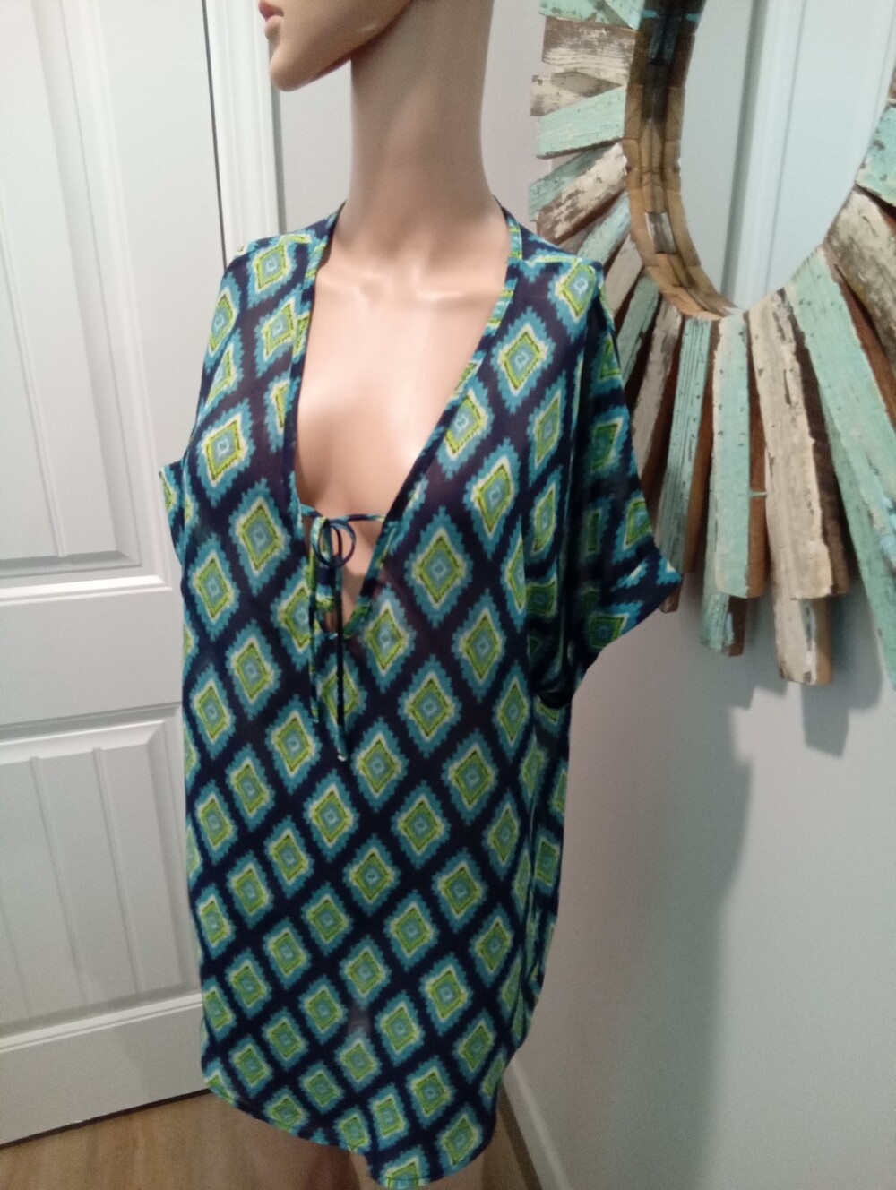 Francesca's Sz S/M Swimsuit CoverUp Colorful Blue, Green & White Diamond Pattern